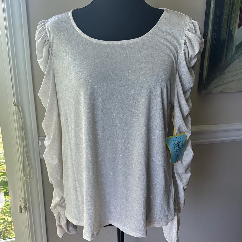 CeCe Cream Shimmer Ruffled Sleeve Blouse